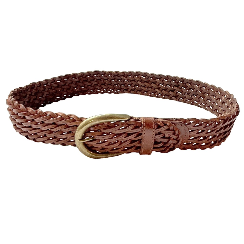Lands' End Brown Braided Leather Belt Size 28 Brass Buckle Preppy Vintage